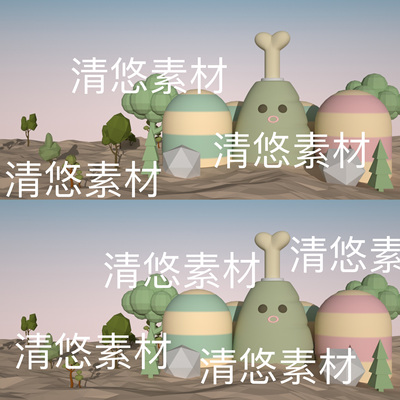 c4d卡通多边形卡通树木地形oc渲染环境场景文件 非实物D256