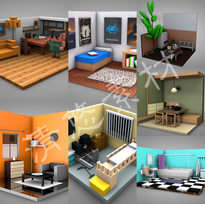 c4d fbx obj卡通像素化宿舍洗手间厕所浴室客厅卧室场景模型 937