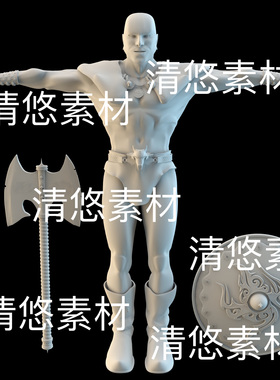 c4d fbx obj 3ds格式角色野蛮人勇士男战斧盾牌文件 非实物B649