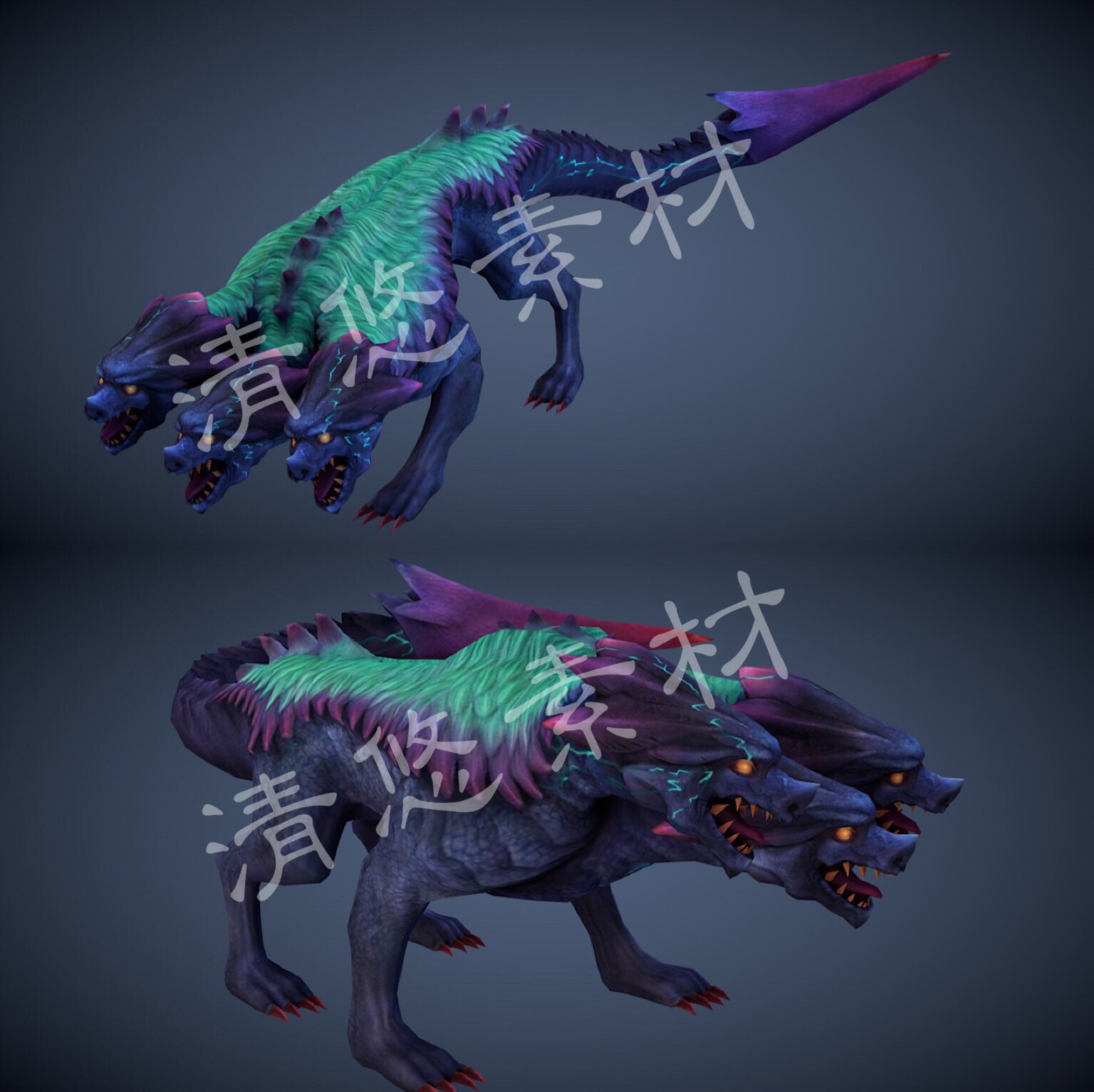 狼妖怪兽c4d fbx格式三头狼游戏怪物模型骨骼绑定带动作动画 946