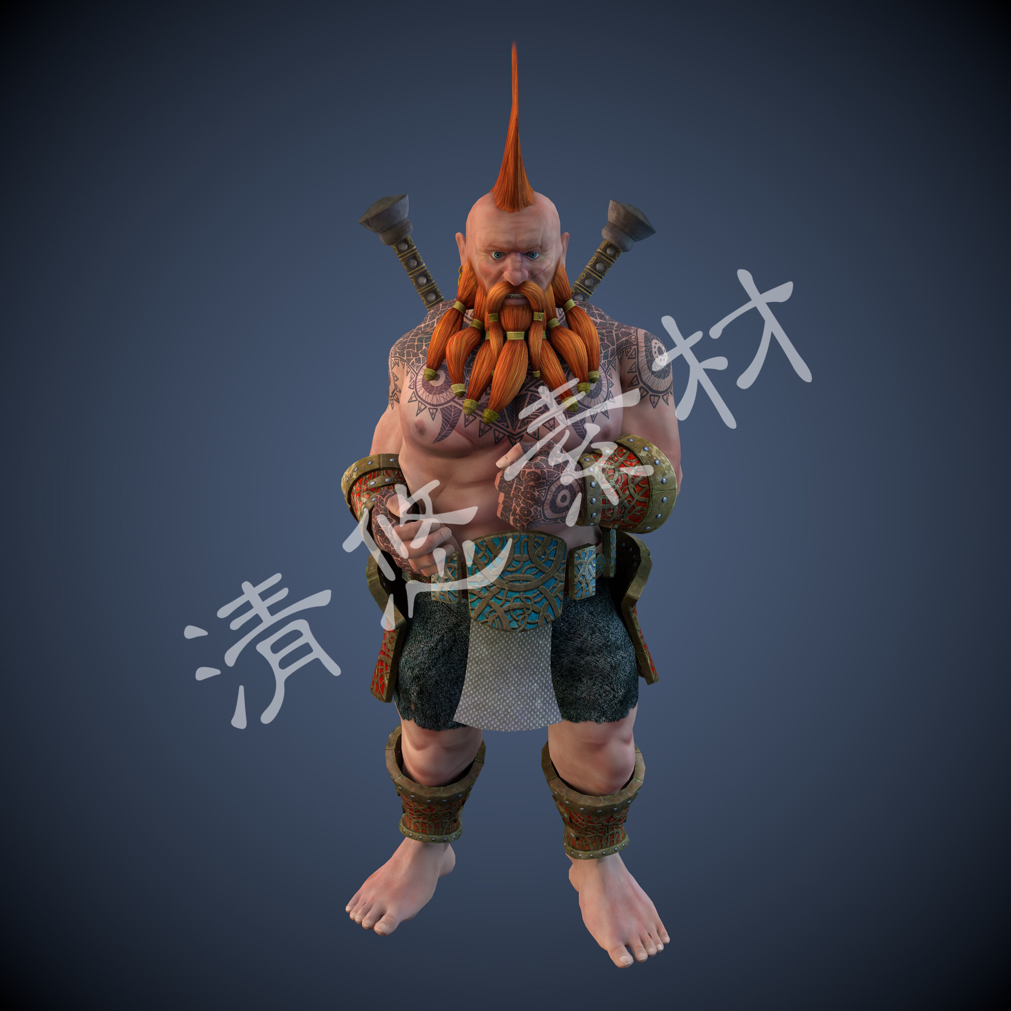 unity c4d fbx写实次世代矮人战士巨斧模型骨骼绑定人物男 A55