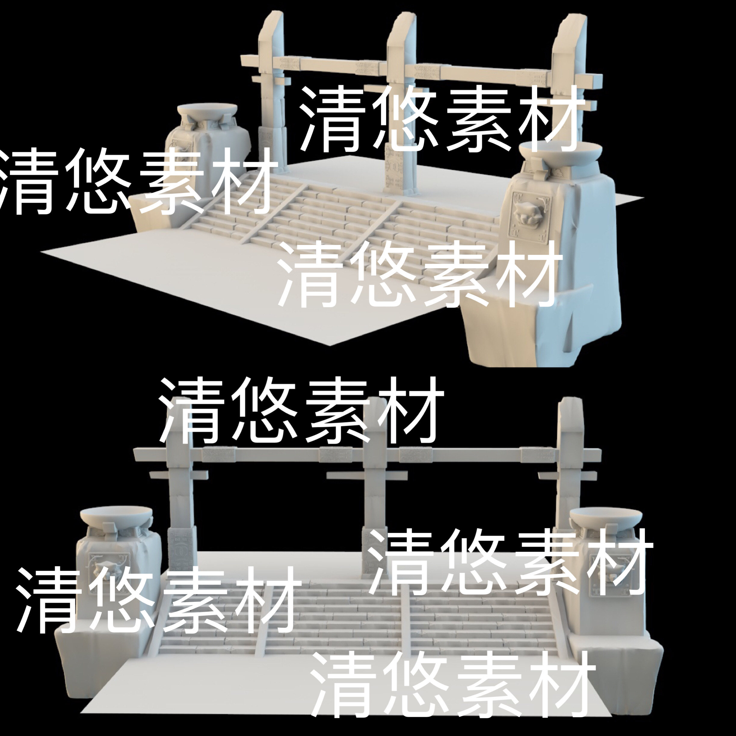 3dmax c4d fbx obj古风仙侠石大门阶梯台阶火盆模型 非实物D332