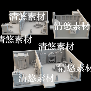 obj格式 3dmax c4d fbx 非实物B58 古风卡通室内房间家具场景文件
