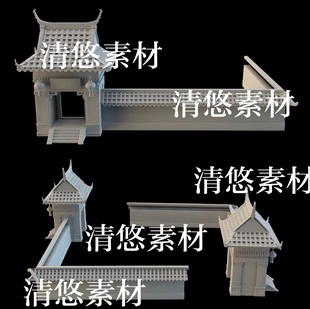 maya fbx obj古代卡通风大门围墙灯笼模型文件 非实物B33 c4d