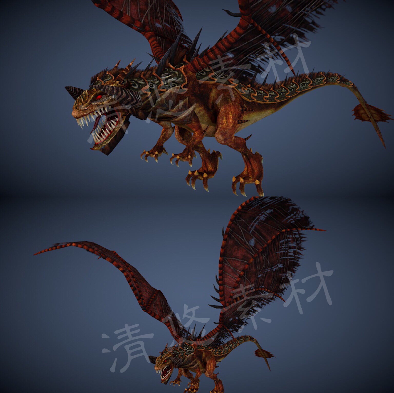 c4d fbx游戏怪物飞龙魔龙恶龙模型骨骼绑定 带20个动作动画930