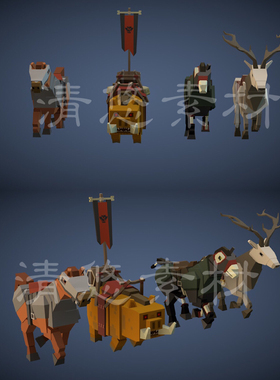 4个方块简约坐骑maya c4d fbx卡通模型骨骼绑定野猪马鹿动物A26