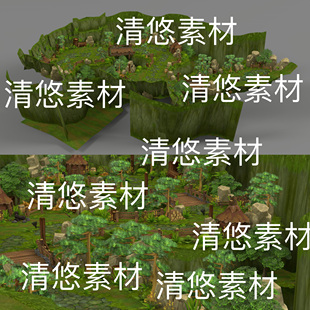 c4d obj格式 简模山中草屋树木游戏场景地图文件 非实物D292 fbx