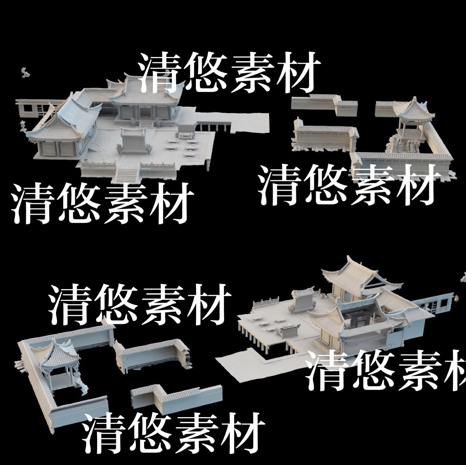 3dmax c4d fbx obj格式古代建筑学校私塾围墙亭子文件 非实物B101