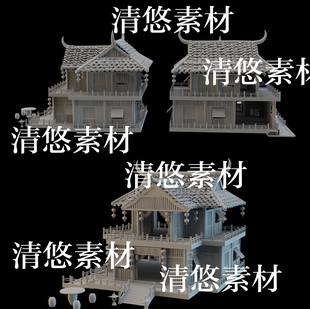 obj格式 3dmax c4d fbx 非实物B80 古风建筑客栈瓦片灯笼桌椅文件