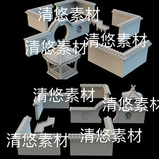 围墙院墙凉亭3D文件 maya 非实物D169 古建卡通Q版 obj格式 c4d fbx