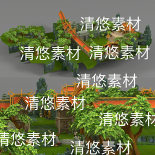 简模泰式 c4d fbx obj格式 非实物D287 古风寺庙游戏场景地图文件