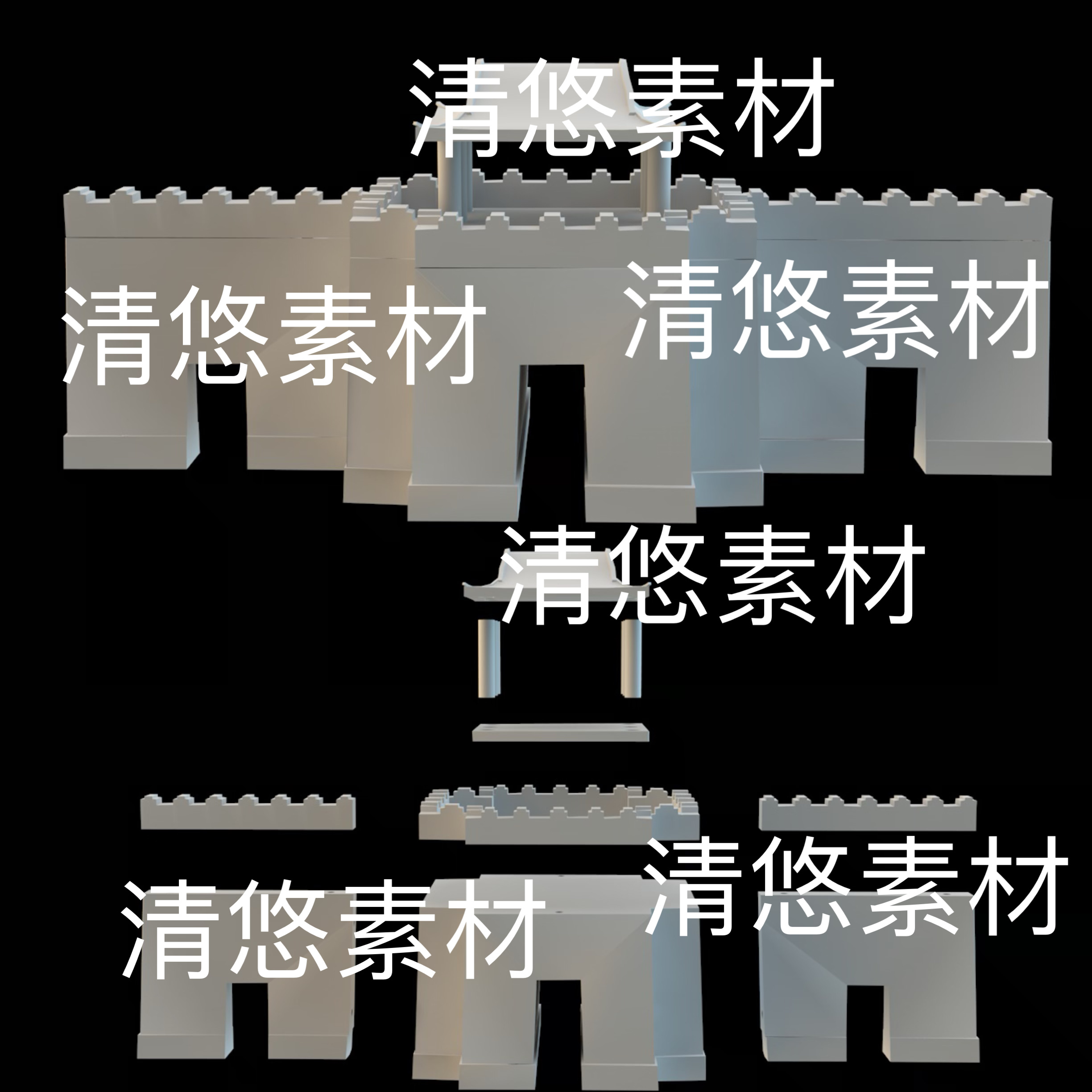 古代城门城墙3d打印文件 stl古建筑分件 stl格式模型 非实物E248