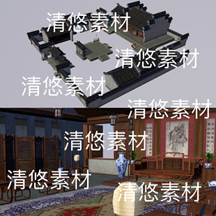 简模3dmax fbx obj古代室内镖局大厅院墙场景文件 非实物B763 c4d