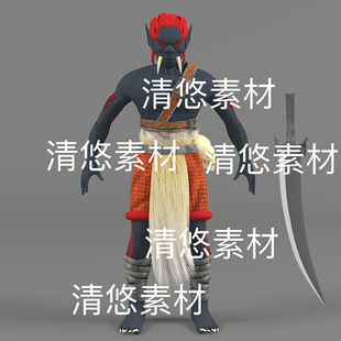 obj格式 3dmax c4d fbx 非实物B807 獠牙红毛半兽人怪物尖刀文件