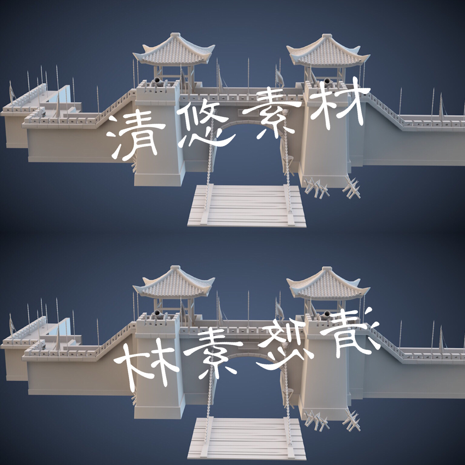 古代建筑军营山寨城门城墙3dmax c4d fbx obj格式模型 非实物A307
