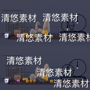 中式 c4d fbx obj格式 非实物D548 古风禅意毛笔架石头饭盒杯子文件
