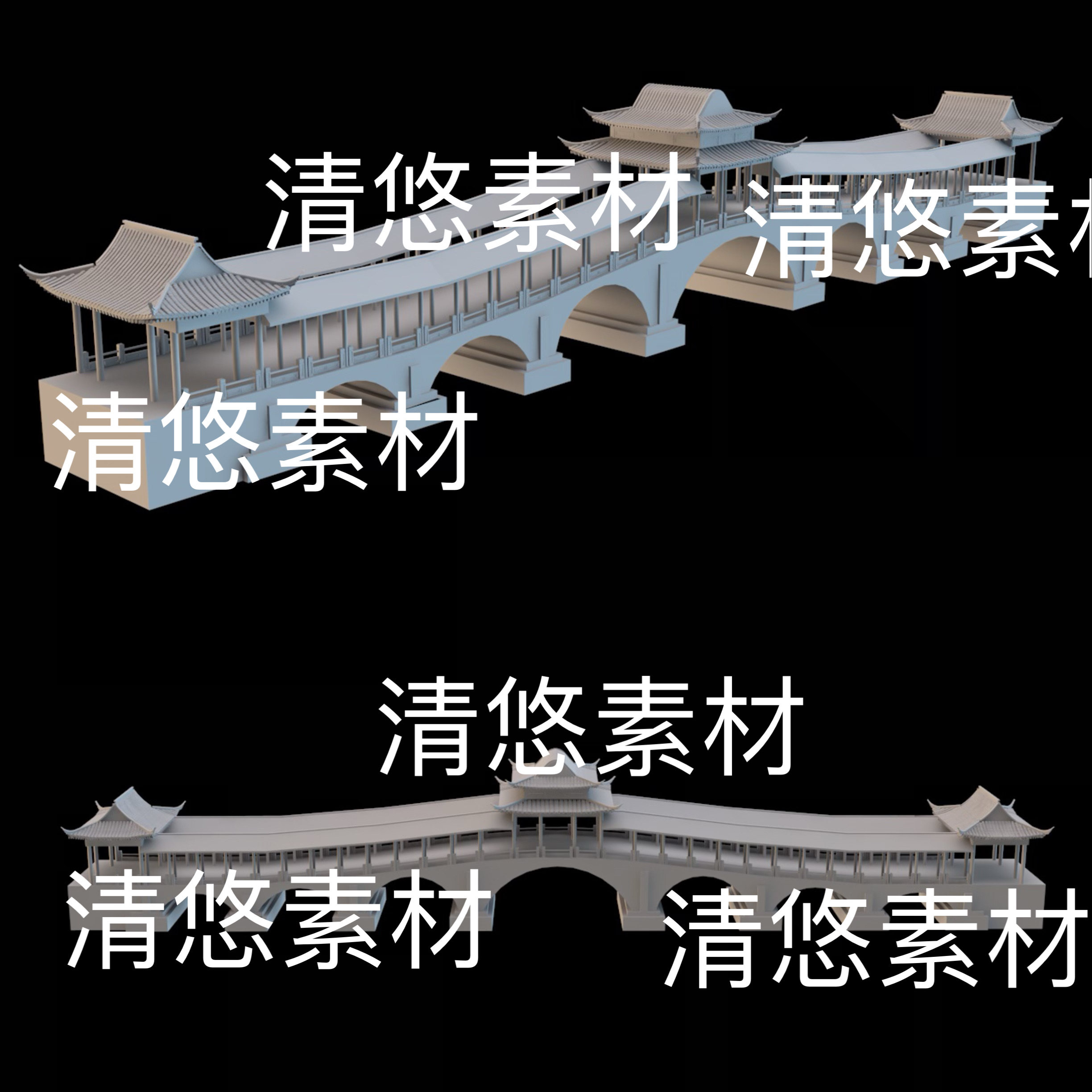 中式古风长桥廊桥3d文件c4d fbx obj格式建筑文件 非实物E302
