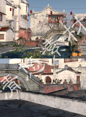 unity中国风场景maya 3dmax c4d fbx小桥流水古风建筑模型小镇849