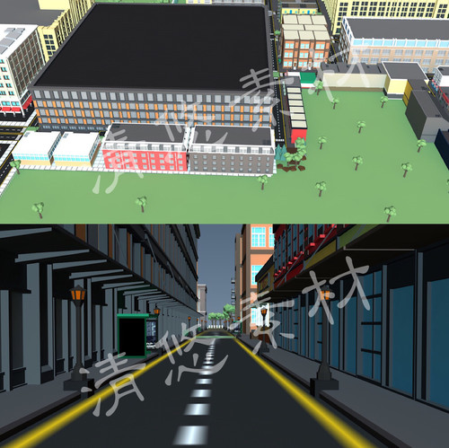 unity maya c4d fbx卡通城市街道建筑模型低面楼房树木场景 954