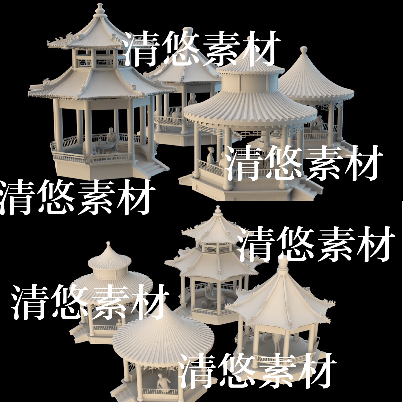 三角面3dmax c4d fbx obj格式中式建筑亭子桌椅文件非实物B196