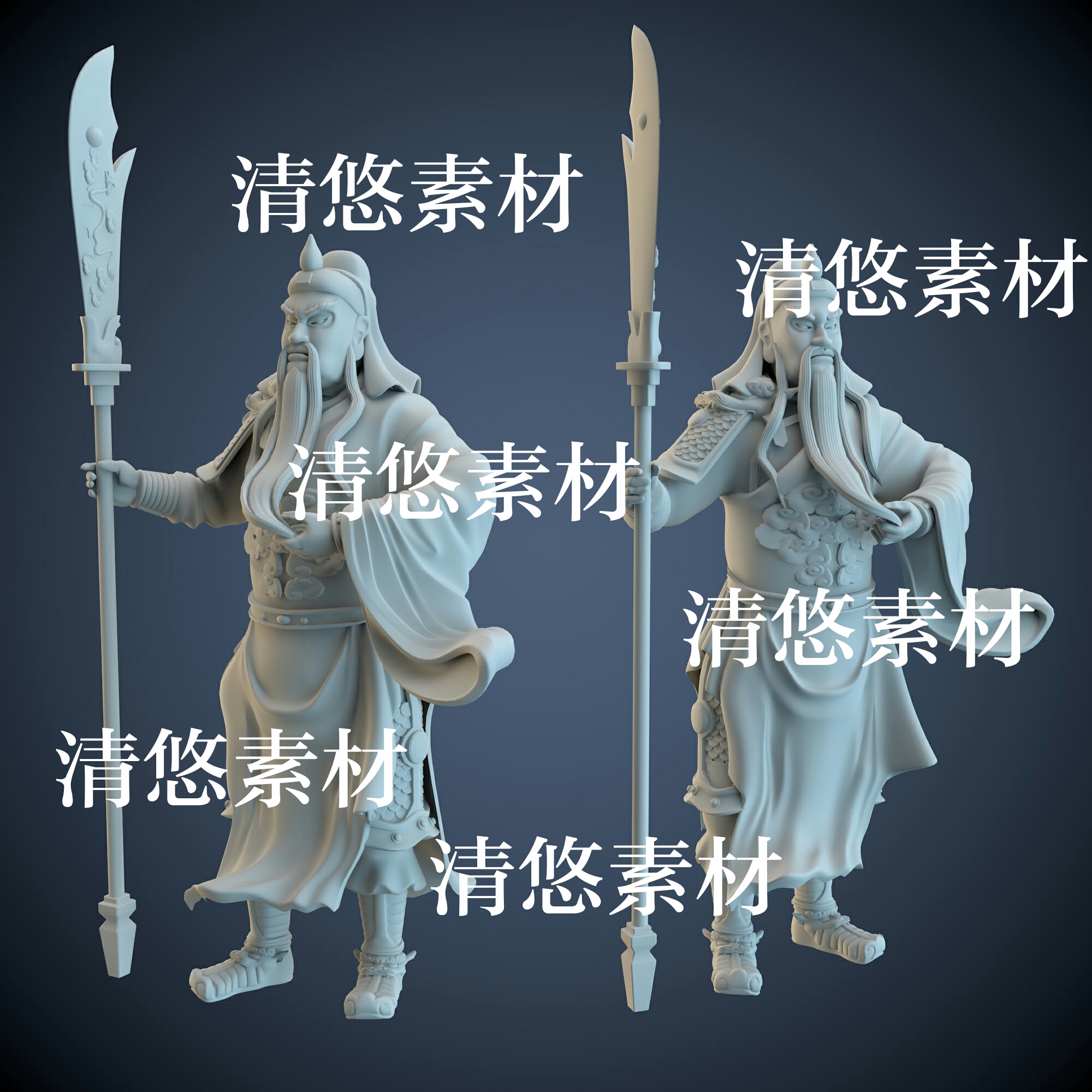 四边面c4d fbx obj古代人物男关公关羽石雕像模型文件 非实物A817