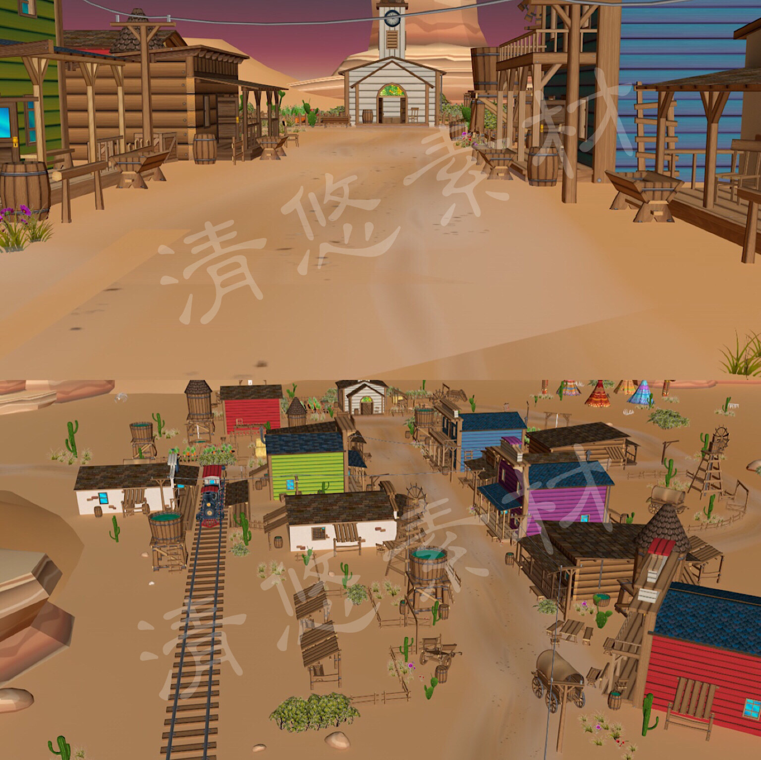 unity maya c4d fbx卡通西部沙漠风格小镇建筑场景火车模型 965