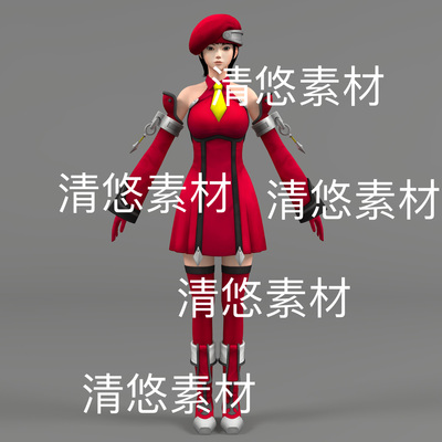 骨骼面部绑定c4d fbx格式红色套装日韩短发女孩文件 非实物D761