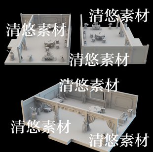 maya fbx obj古代卡通风客厅大厅室内场景模型文件 非实物B24 c4d