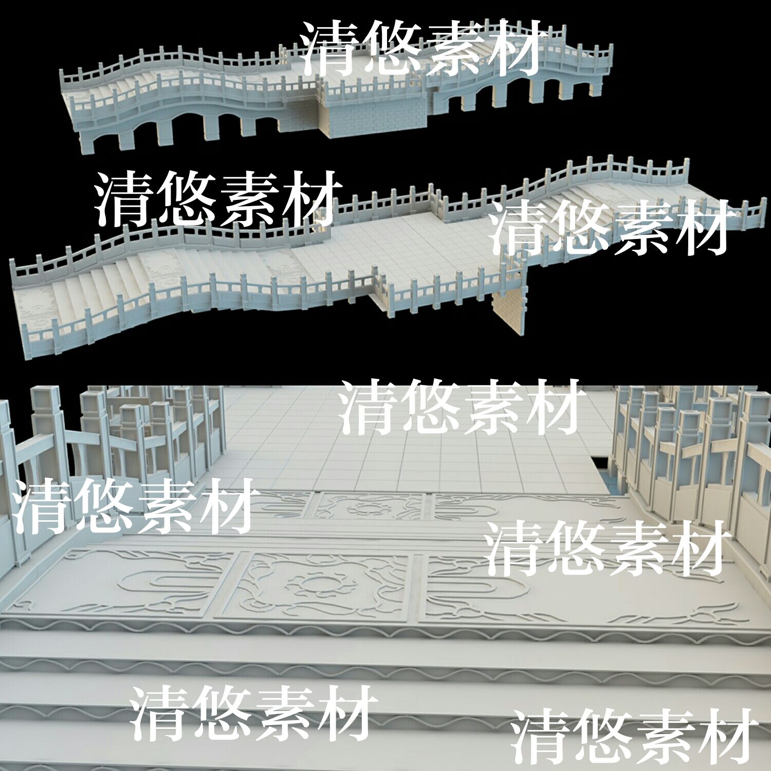 3dmax c4d fbx obj格式古风花纹石桥奈何桥文件模型 非实物A962