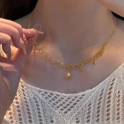 复古金色蕾丝水滴项链女高级感