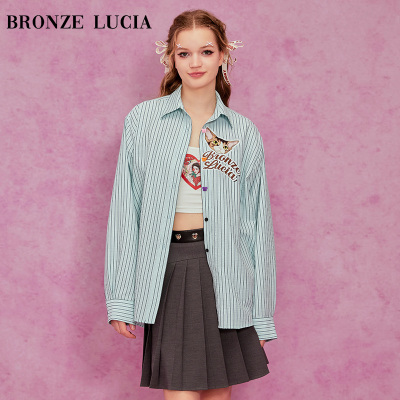 Bronze Lucia 2024新款百搭设计师手绘小猫休闲风绿色竖条纹衬衫