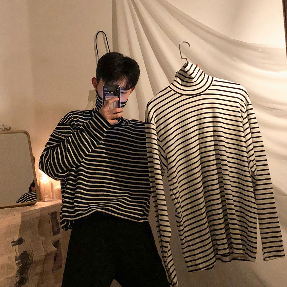 秋季男生打底衫潮流2021新款内搭高领黑白条纹长袖t恤学生上衣