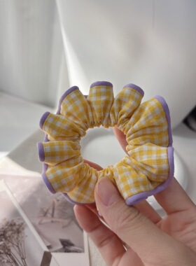 手作黄格撞色小肠发圈可爱甜美高弹力头绳韩系百搭发绳纯棉小肠圈
