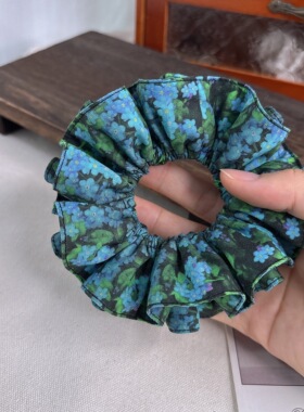 手作油画风蓝色小碎花大肠发圈韩系气质淑女双层发圈纯棉头绳头花