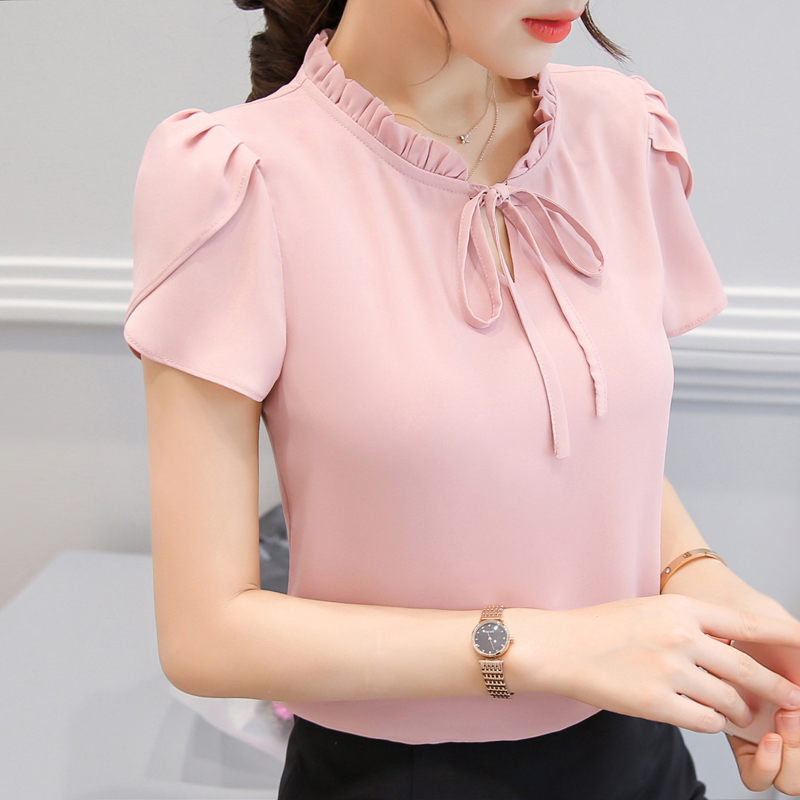 漫娜兒2018夏季新款韓范甜美短袖雪紡襯衫女顯瘦白色時尚襯衣上衣
