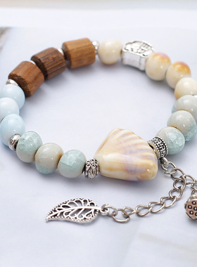 景德镇陶瓷手链新款复古民族新中式瓷珠贝壳手链男女手串；
