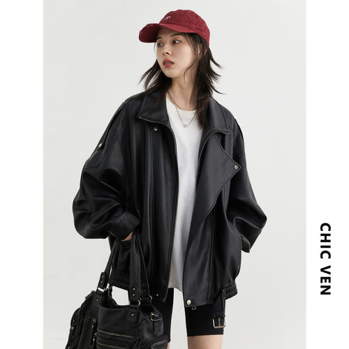 CHICVEN「漫游秋季」秋新款重工复古立领机车皮衣外套PU夹克上衣