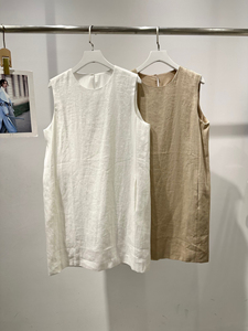 深圳南油精品女夏款薄款宽松显瘦设计感无袖苎麻背心裙圆领连衣裙