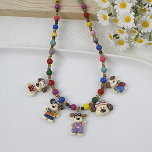 秋冬可爱卡通5个树脂款儿童项链深色系彩珠毛衣链多巴胺项饰饰品