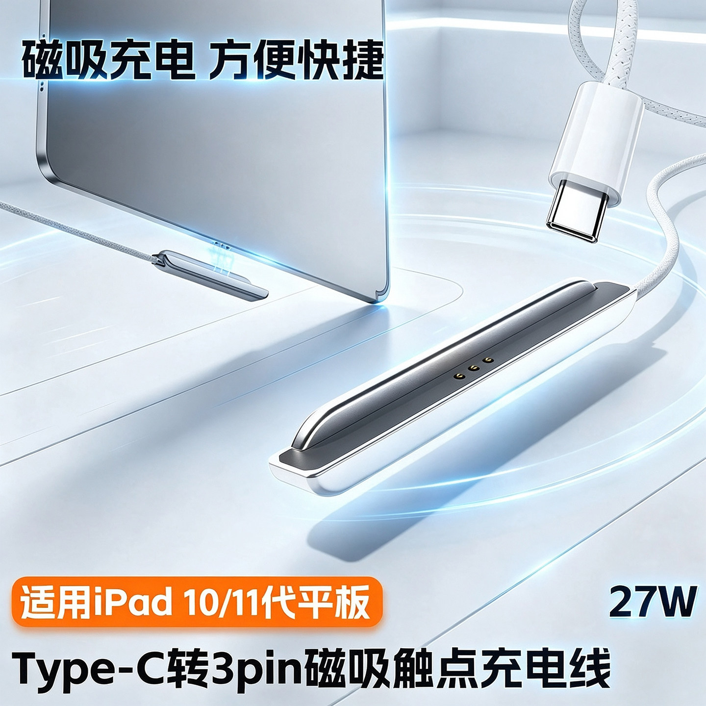 typec无线充电线三点磁吸触点充电器侧边3pin智能接点Smart Connector键盘口适用苹果iPad 10平板电脑11代A16