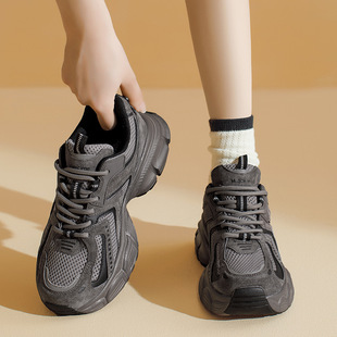 奥古狮登灰色老爹鞋女2025年冬季新款厚底轻便加绒运动休闲鞋ins