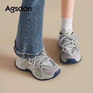 奥古狮登厚底老爹鞋女2025新款冬季加绒休闲鞋情侣灰色运动跑步鞋