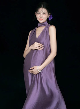 新款孕妇影楼拍照摄影服饰紫色韵味十足妈咪纯欲风V领无袖连衣裙