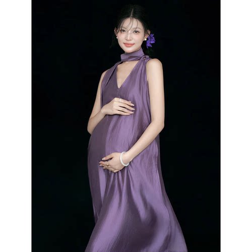 新款孕妇影楼拍照摄影服饰紫色韵味十足妈咪纯欲风V领无袖连衣裙