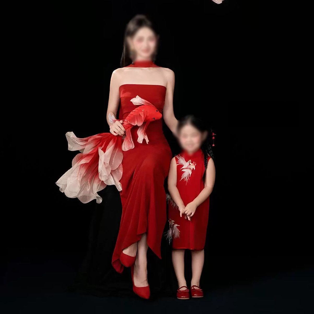 国潮母女新年好运红色锦鲤亲子礼服儿童摄影服装影楼艺术写真套装