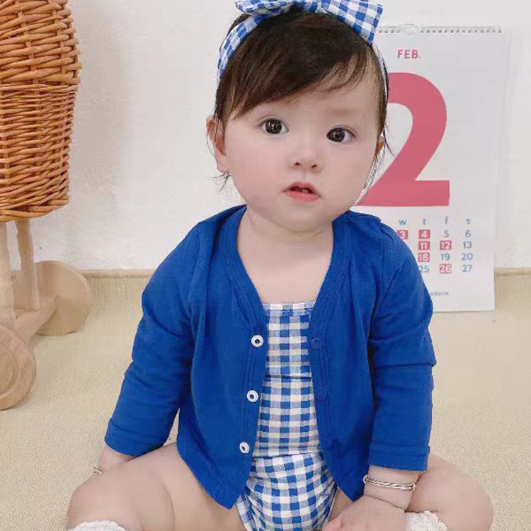 周岁宝宝摄影服装春秋款蓝色方格套装哈衣韩式影楼拍照童装周岁照