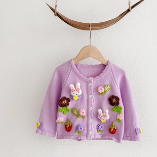 外套婴儿0 2024新款 女宝宝秋季 针织开衫 2岁毛衣手工小兔上衣童装