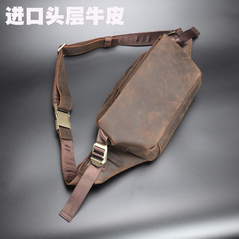 欧美时尚疯马皮腰包男真皮新款手机包头层牛皮机车骑行胸包斜挎包