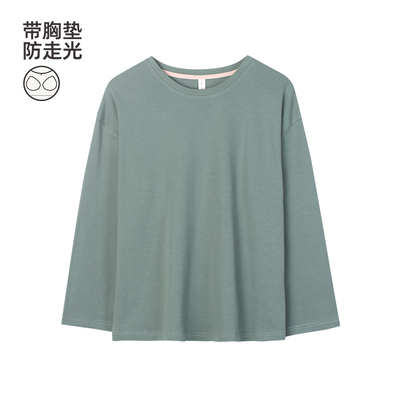 带胸垫睡衣女单件上衣春秋季新款纯棉长袖宽松大码单件女睡裤长裤