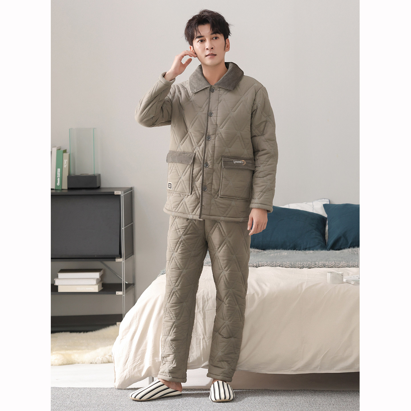 男士睡衣2025冬季新款纯棉珊瑚绒夹棉三层加厚冬天休闲棉袄家居服